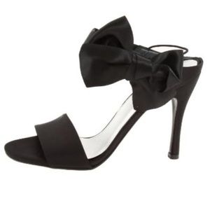 Stuart Weitzman - Black Satin Strappy High Heel Sandals Satin Bow Accent Sz 9.5M